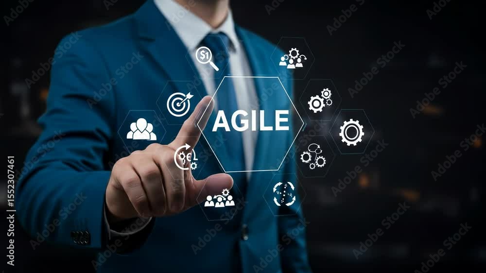 Aufkleber agile methodology explained: business man points to agile concept with icons & animation. project ma