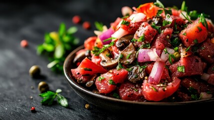 An eye-catching bowl of vibrant tomato salad mixed with fresh herbs and topped with onions, presenting a healthy and colorful option for any meal.