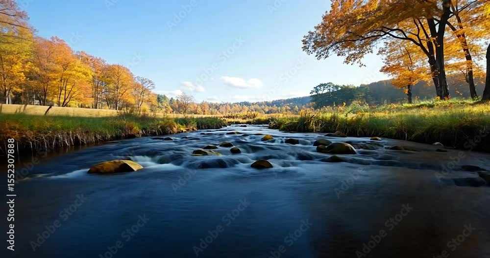 Aufkleber a serene view of a stream flowing through a field with trees showing autumn colors under a clear blu