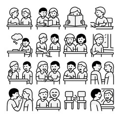 Crush moments in class icons in minimalistic line art : stolen glance icon, shared textbook, blushing face behind folder, passed paper with smile, daydream cloud, foot tap under desk, shared