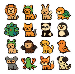 Animal-as-other-animals icons in modern flat vector in minimalistic vibrant color design: dog in lion mane, cat in dinosaur hoodie, bunny in bee wings, hamster as turtle with shell, parrot in