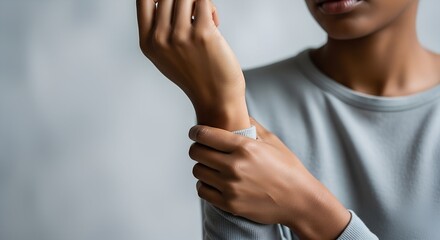 A symbolic close-up showing a person gently holding their own wrist, suggesting stress relief, anxiety, or emotional tension. Neutral tones, no face, clean background.

