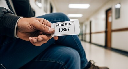 A person’s hand holds a numbered ticket while waiting. Symbolic image of patience, bureaucracy, or uncertainty. Close-up, clean tones, no face or branding.