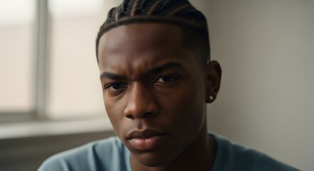 An intimate close-up of a person’s face showing minimal but clear emotional expression. Perfect for themes of mental health, introversion, or reflection.