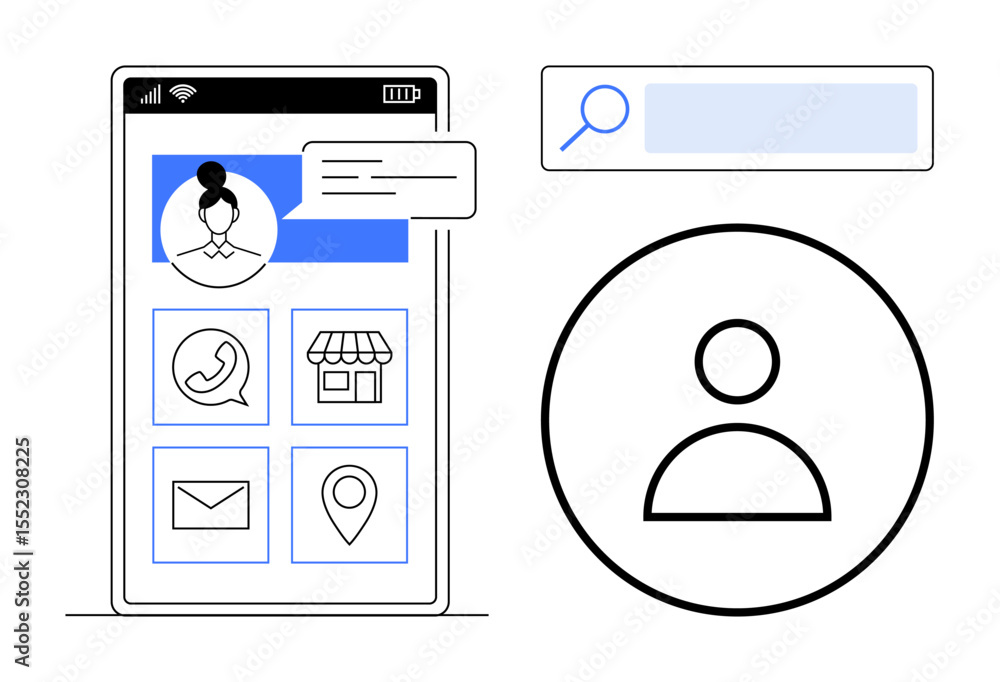 Poster smartphone screen featuring user profile with icons for call, messaging, location, and store access.
