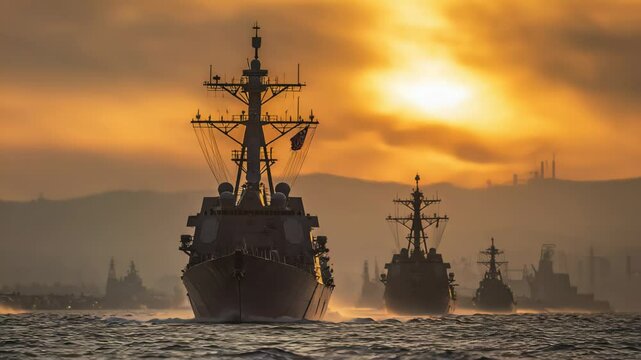 Warships Sailing at Sunset with City Skyline in Background