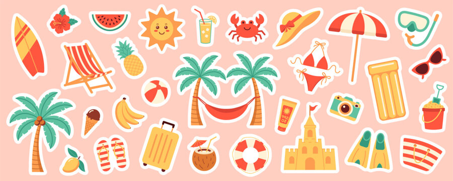 Colorful summer set of flat vector cartoon stickers featuring beach icons, fruits, sun, swimsuit, palm trees, drinks, and vacation symbols on pink isolated background. Elements for scrapbooking.