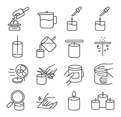 Candle making process steps icons in minimalistic line art : measuring wax flakes, melting wax pot, adding scent drops, adding dye color, inserting wick in mold, pouring wax into vessel,