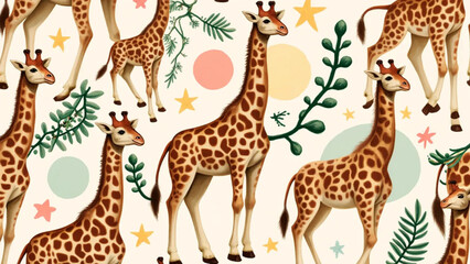 Obraz premium Patterned illustration of cheerful giraffes surrounded by botanical elements and shapes