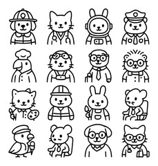 Occupation-themed costumes icons in minimalistic line art : dog as firefighter with helmet, cat in doctor coat, bunny in astronaut suit, hamster as police officer, parrot in chef hat, guinea pig