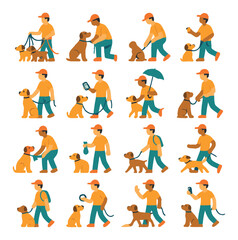Fototapeta premium Dog walker in action icons in modern flat vector in minimalistic vibrant color design: walker holding multiple leashes, walker bending to pet a dog, walker tying shoe with leash in hand, walker