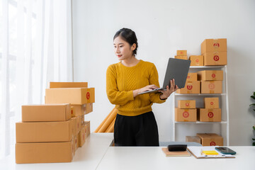 Woman Managing Online Business with Laptop and Packages