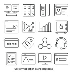 Case investigation dashboard icons in minimalistic line art : multi-screen setup, lead tracking board, case file binder, suspect profile tab, keyword search interface, digital pinboard with