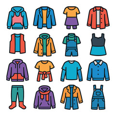 Layered look styling icons in modern flat vector in minimalistic vibrant color design: tank under hoodie, tee under blazer, skirt over leggings, long shirt under jacket, vest over tee, hoodie