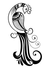 Peacock Silhouette: A graceful silhouette of a peacock, rendered in elegant black and white, showcases intricate patterns and flowing lines. An ideal graphic resource for artistic designs.