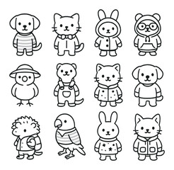 Obraz premium Cute daily outfits icons in minimalistic line art : dog in striped pajamas, cat with bowtie and collar, bunny in raincoat and boots, hamster in hoodie and glasses, bird in sun hat, ferret in