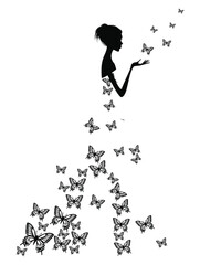 Silhouette of a Woman with Butterflies: An elegant silhouette of a woman adorned with intricate patterns of butterflies, evokes a sense of delicate beauty, dream, and freedom.