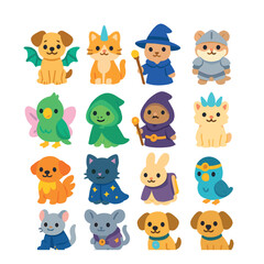 Fantasy-themed costumes icons in modern flat vector in minimalistic vibrant color design: dog in dragon wings, cat in unicorn horn, bunny as wizard with hat, hamster in knight armor, parrot