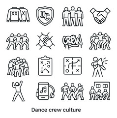 Dance crew culture icons in minimalistic line art : matching jackets, team logo emblem, group rehearsal pose, crew handshake, synchronized move, unity symbol, crew tag graffiti, warm-up circle,
