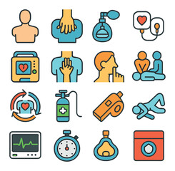 Fototapeta premium CPR and resuscitation tools icons in modern flat vector in minimalistic vibrant color design: CPR training dummy, chest compression icon, rescue breathing mask, defibrillator pads, AED machine,