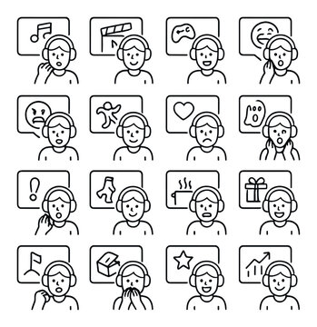 Types of content reactions icons in minimalistic line art : reacting to music video, reacting to movie scene, reacting to game clip, reacting to meme compilation, reacting to cringe moment,