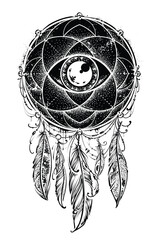 Dreamcatcher: Captivating black and white illustration of a dreamcatcher, meticulously drawn with intricate details, evoking a sense of mystique and folklore.
