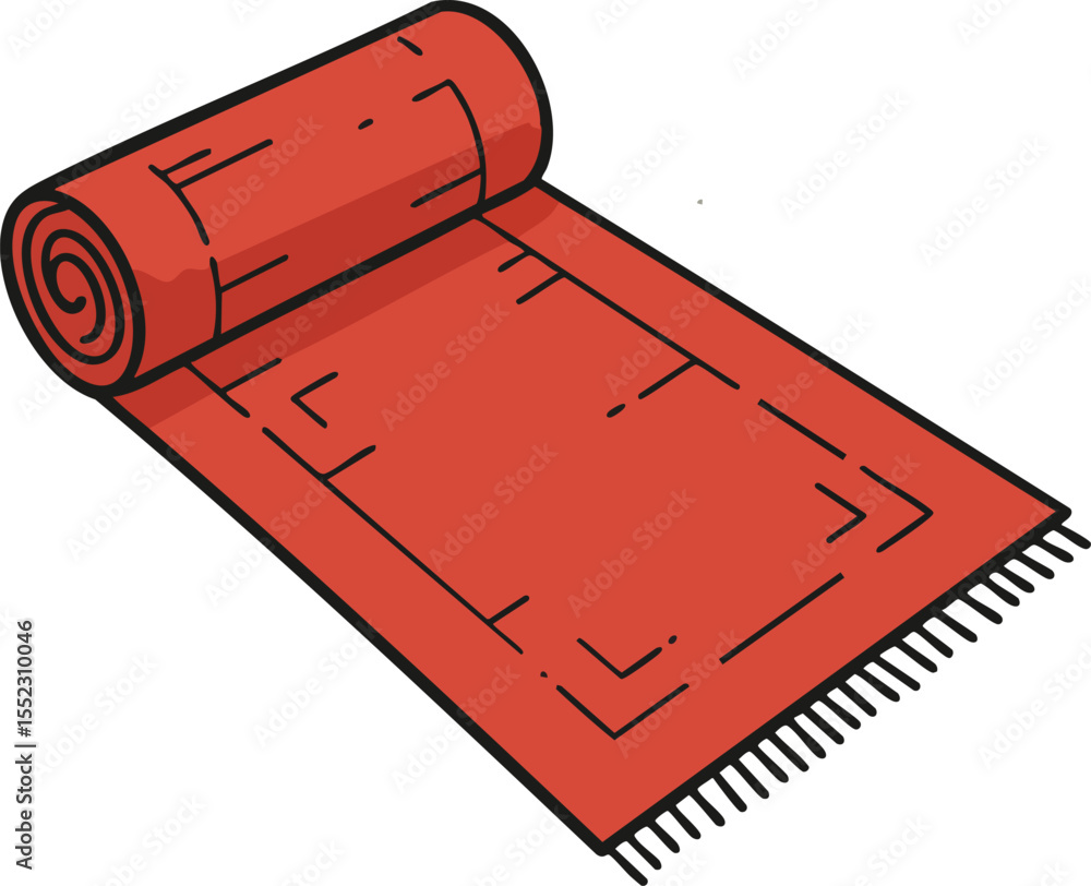 Poster red rolled carpet textile illustration with fringe edge decorative pattern vector graphic design