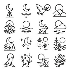 Naklejka premium Moon and nature connections icons in minimalistic line art : crescent above tree, moon reflecting in water, owl flying past moon, moonlit mountain, full moon in flower bloom, mist under moon,