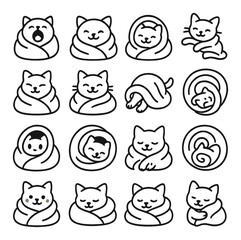 Cozy blanket moods icons in minimalistic line art : cat yawning in blanket, cat sleeping with one eye open, cat smiling under covers, cat stretching inside wrap, cat blinking lazily, cat purring