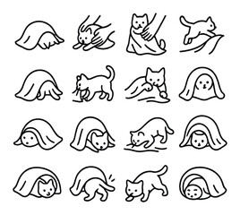 Fototapeta premium Blanket interaction moments icons in minimalistic line art : cat burrowing into blanket, cat being wrapped by human hands, cat pawing at blanket edge, cat jumping into fold, cat climbing under