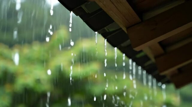 The bauty and power of rain falling from the roofa