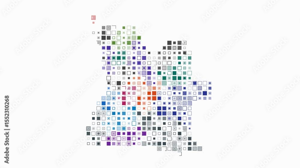 Poster angola dotted animation. shape of the country built of pulsating colored dots. large size square blo