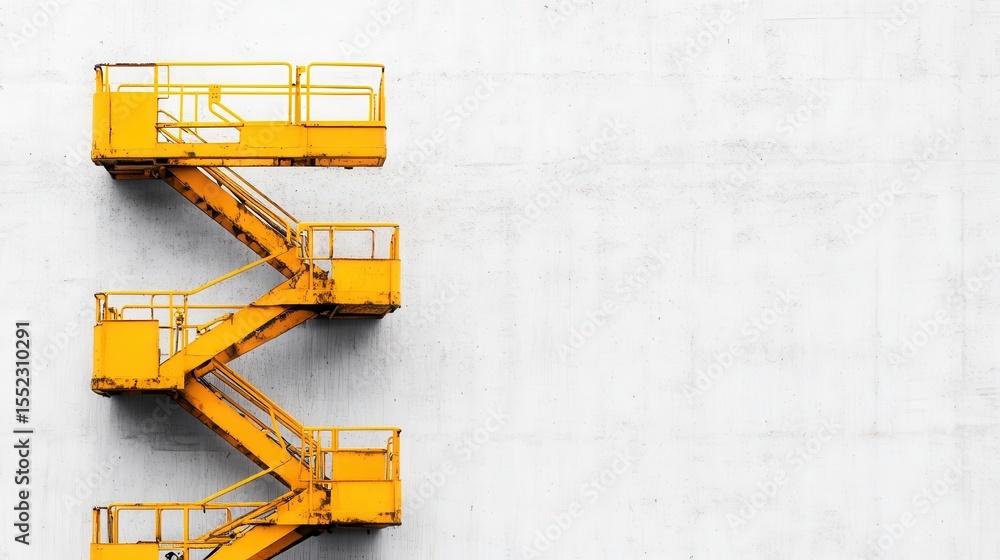 Poster a vibrant yellow staircase geometrically positioned against a stark white wall, creating a minimalis