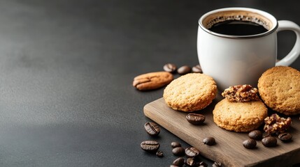 This image showcases a comforting scene with a cup of coffee, freshly baked cookies, and coffee beans, inviting a cozy, relaxing moment perfect for enjoyment.