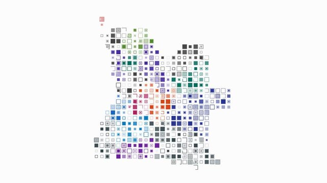 Angola dotted animation. Shape of the country built of pulsating colored dots. Large size square blocks. Digital style map on white background. Trending video.