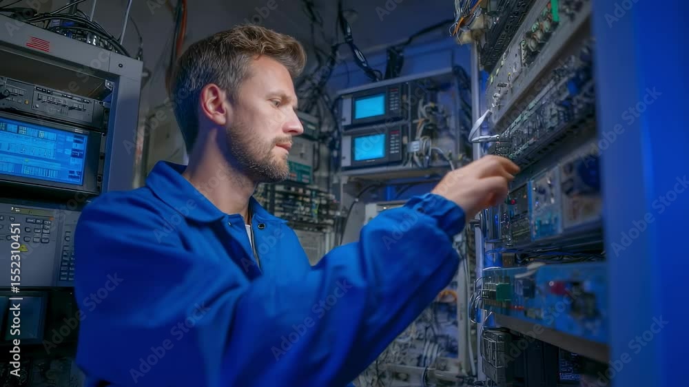 Poster marine engineer using tablet pc, checking instruments and engine data in engine control room of ship
