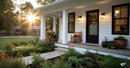 Exterior shot of a white farmhouse with a porch and a garden in the foreground. The sun is setting in the background casting a warm glow