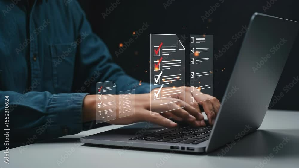 Poster online checklist on laptop: digital to-do list, task management & workflow efficiency