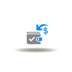 Vector illustration of wallet with check mark and inward round arrow and dollar currency. Symbol of money transfer. Icon of cash back.