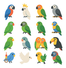 Obraz premium Tropical bird companions icons in modern flat vector in minimalistic vibrant color design: macaw parrot, cockatoo with crest, sun conure, African grey parrot, ring-neck parakeet, green-cheeked