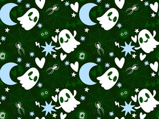 Halloween ghost seamless cartoon spider and bats pattern for wrapping paper and fabrics and linens and kids clothes print