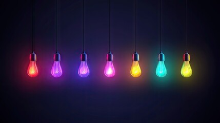 Colorful incandescent light bulbs hanging in a row.