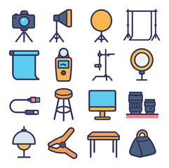 Photography studio setup icons in modern flat vector in minimalistic vibrant color design: DSLR camera on tripod, softbox light, reflector disc, backdrop support stand, seamless paper roll,