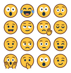 Fototapeta premium Facial expression reactions icons in modern flat vector in minimalistic vibrant color design: wide-eyed surprise, laughing with tears, jaw drop gasp, confused head tilt, excited open mouth, eye