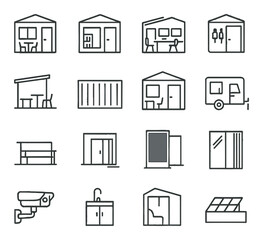 Portable educational facilities icons in minimalistic line art : classroom unit, library module, computer lab section, restroom pod, outdoor learning patio, storage container, teacher’s office