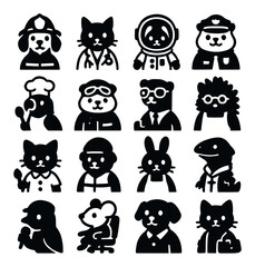 Fototapeta premium Occupation-themed costumes icons in silhouette solid black-filled shapes with clean, simple : dog as firefighter with helmet, cat in doctor coat, bunny in astronaut suit, hamster as police