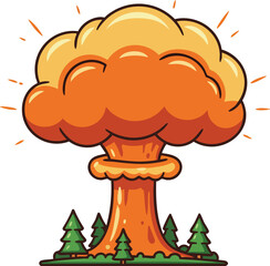 Nuclear explosion mushroom cloud with orange and yellow colors over green pine trees vector illustration 