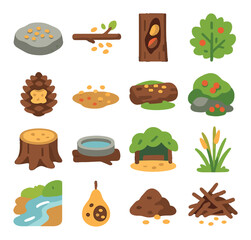 Fototapeta premium Feeding wild birds in nature icons in modern flat vector in minimalistic vibrant color design: flat rock feeding area, tree branch perch with seeds, bark crack with nut pieces, bird-friendly
