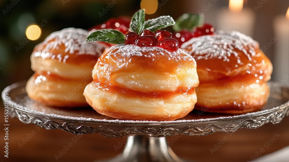 Poster a tempting arrangement of fluffy donuts adorned with luscious jam and cream, creating a visually app