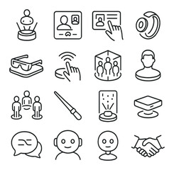 Holographic meeting technology icons in minimalistic line art : hologram projector pod, 3D call interface, interactive floating screen, voice command ring, AR headset on table, gesture control